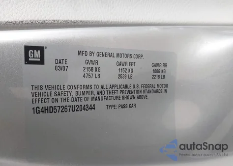 2007 Buick Lucerne Cxl z USA, uszkodzony, nr VIN 1G4HD57267U204344